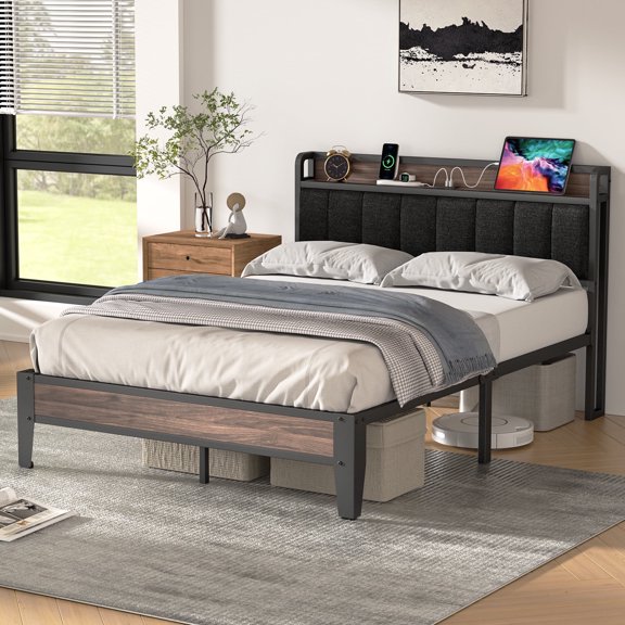 Lusimo Full Bed Frame with Headboard and Charging Station, Modern Fabric Upholstered Metal Platform Bed Frame with Headboard Storage Shelf No Box Spring Needed, Black