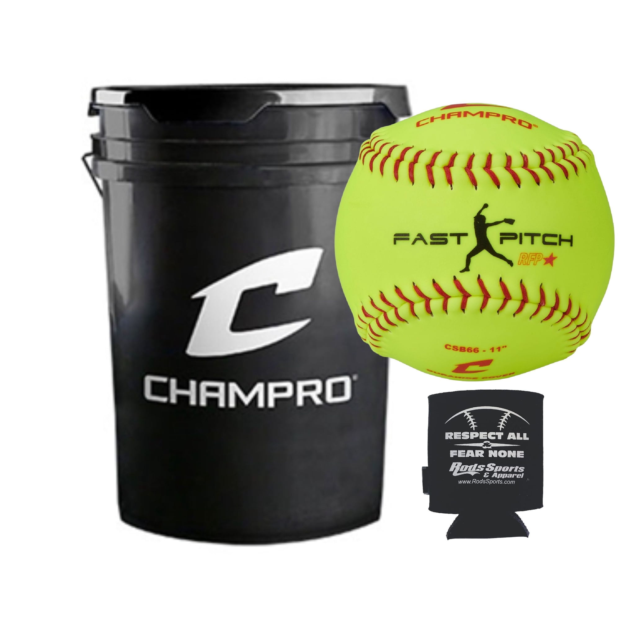 CHAMPRO CSB66 Durahide Cover 11" Practice Softballs in a Black Bucket – 18 Balls and one Rods Can Sleeve Included