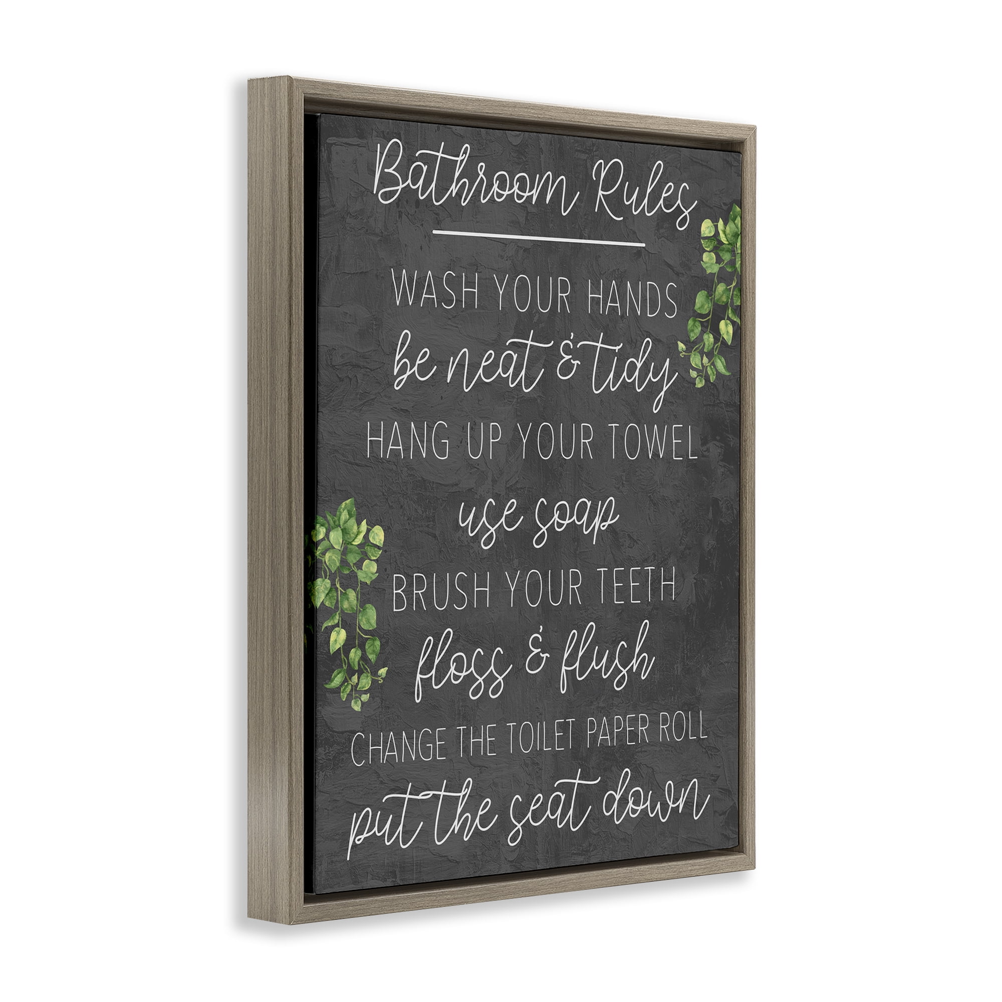 Stupell Industries Bathroom Rules with Greenery Bath & Laundry Painting Brown Floater Framed Canvas Art Print Wall Art, 25 x 31
