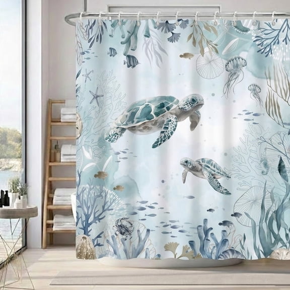 72x72in Watercolor Sea Turtle and Coral Blue Coastal Shower Curtain