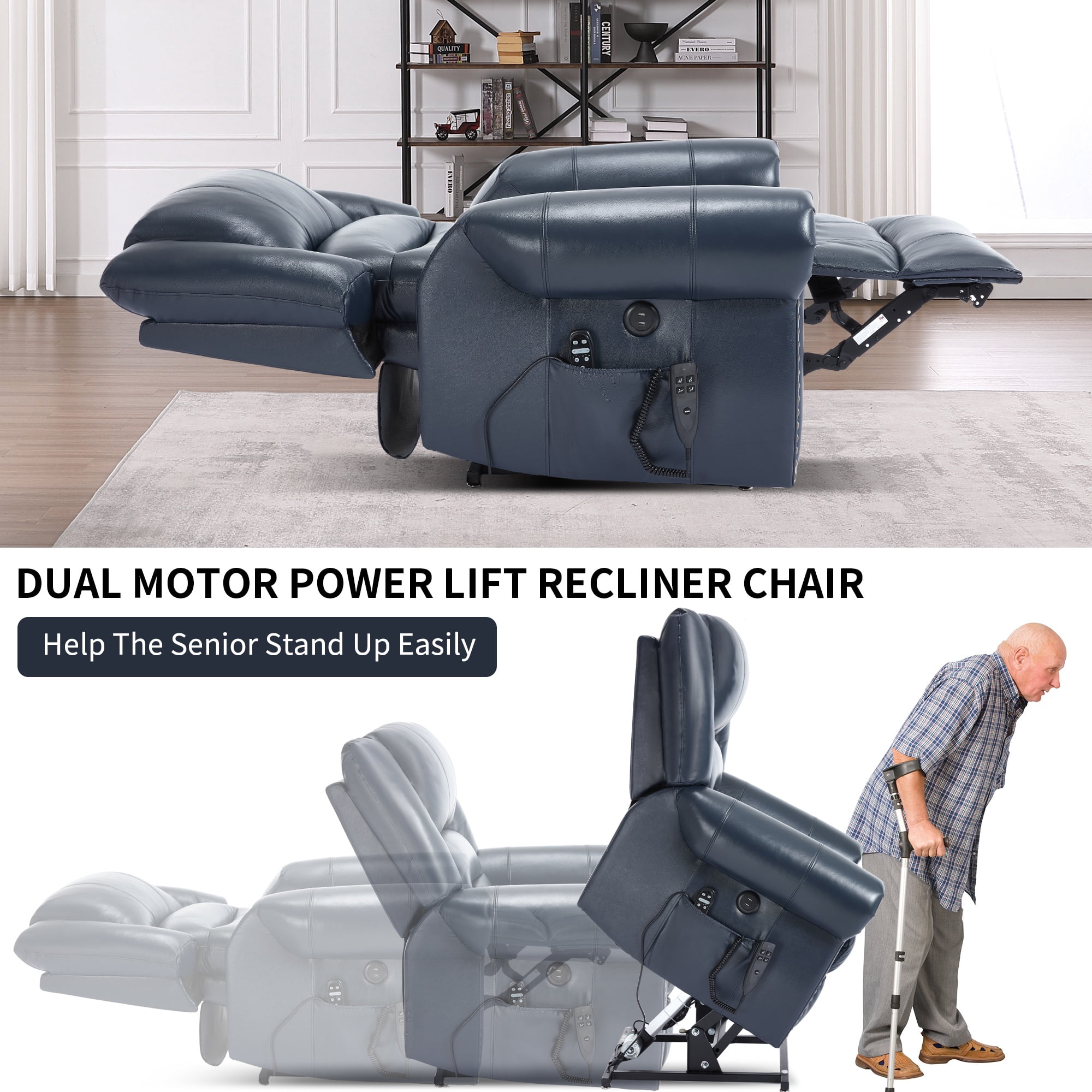 LEGAHOME Genuine Leather Power Lift Recliner Chair, Electric Infinite Position Lift Chair for Elderly with Heated and Massage, Reclining Sofa with USB Charging Port and Dual Motor, Blue