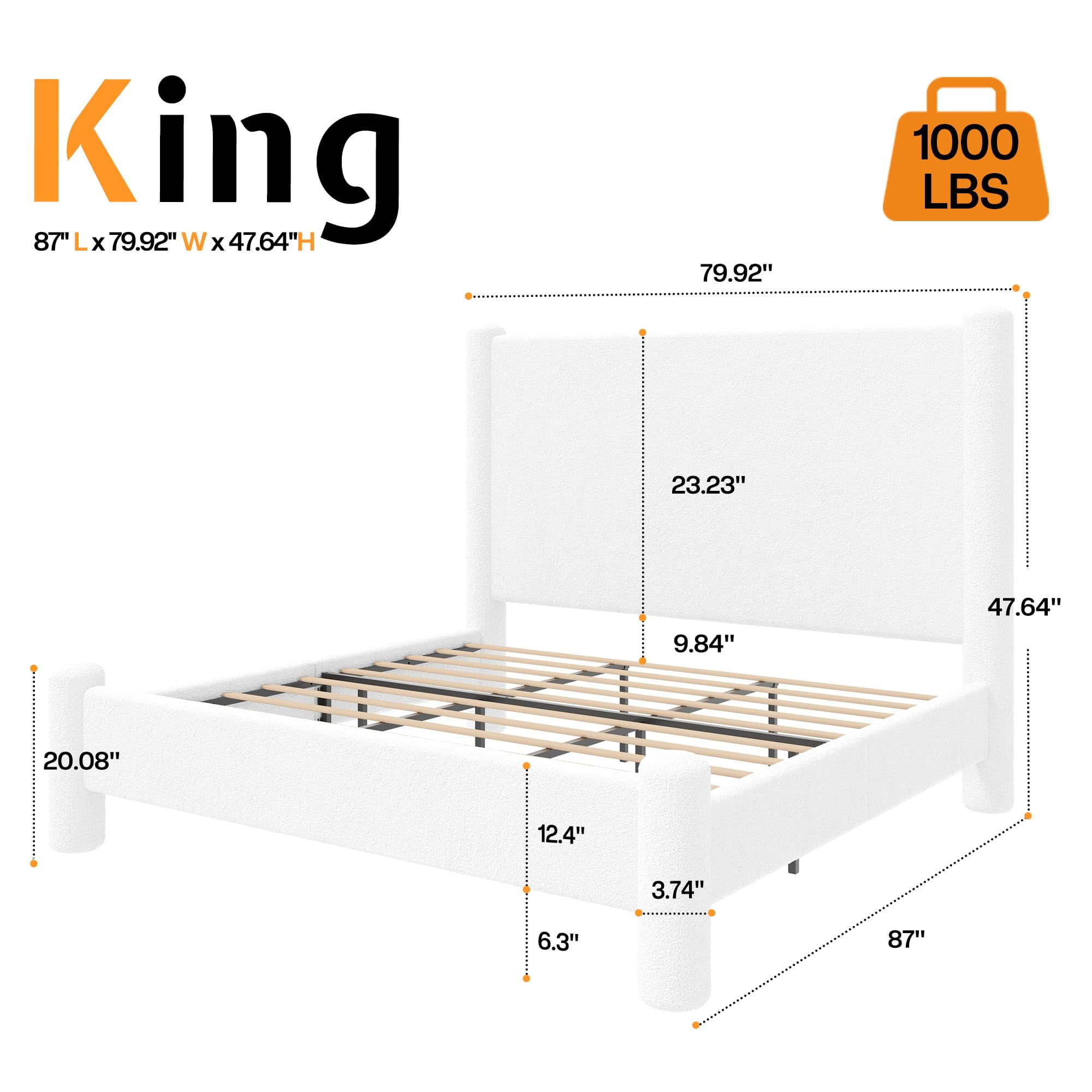 Merluxy King Size Bed Frame, Boucle Upholstered Bed Frame with Charging Station, Platform Bed with Soft Rounded Corners, Easy Assembly, White