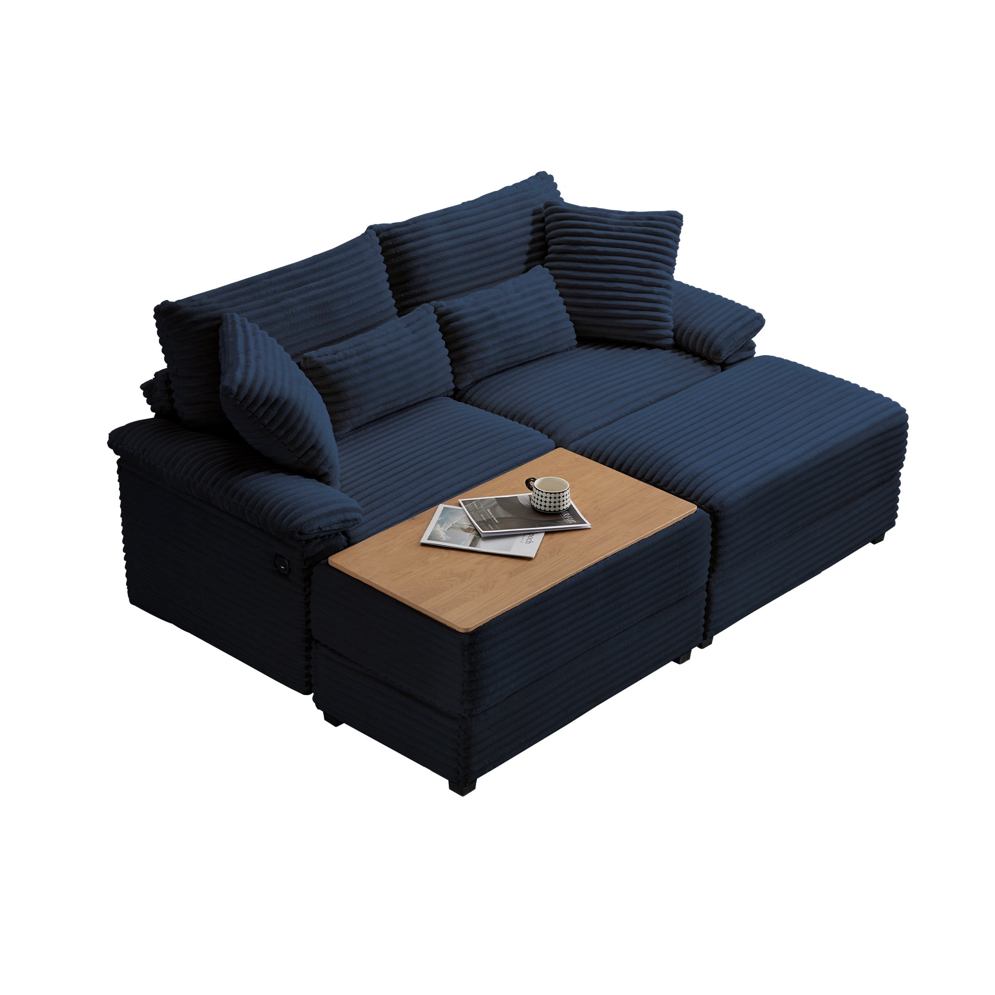 Alvantor 74" Sofa Loveseat with Reversible Ottoman & USB Port Corduroy Chaise Couch for Living Room Dark Blue