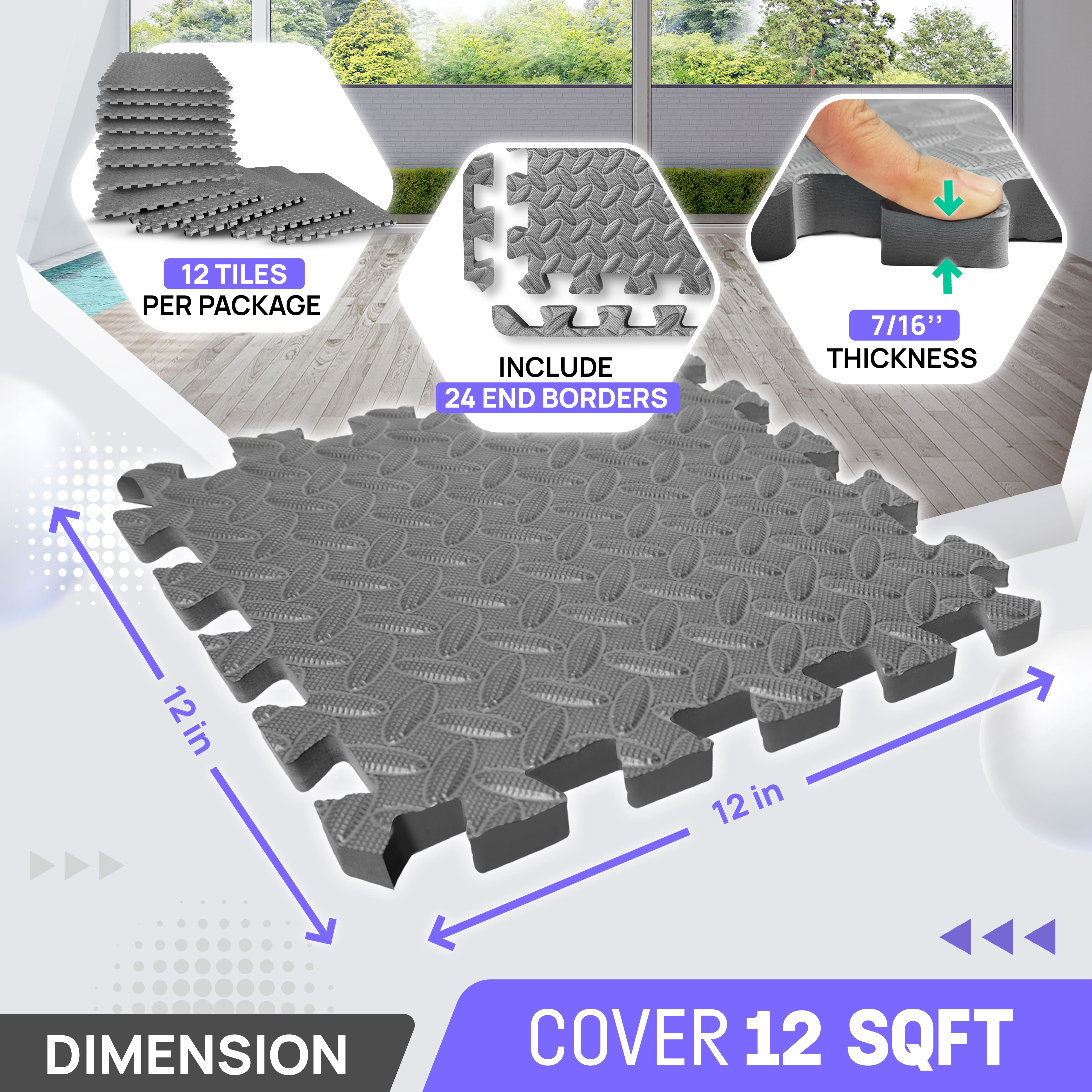 Yes4All Gym Flooring for Home Gym, 12 SQ. FT Puzzle/Interlocking Exercise Mat, EVA Foam Floor Tiles Padding with Border, Gray