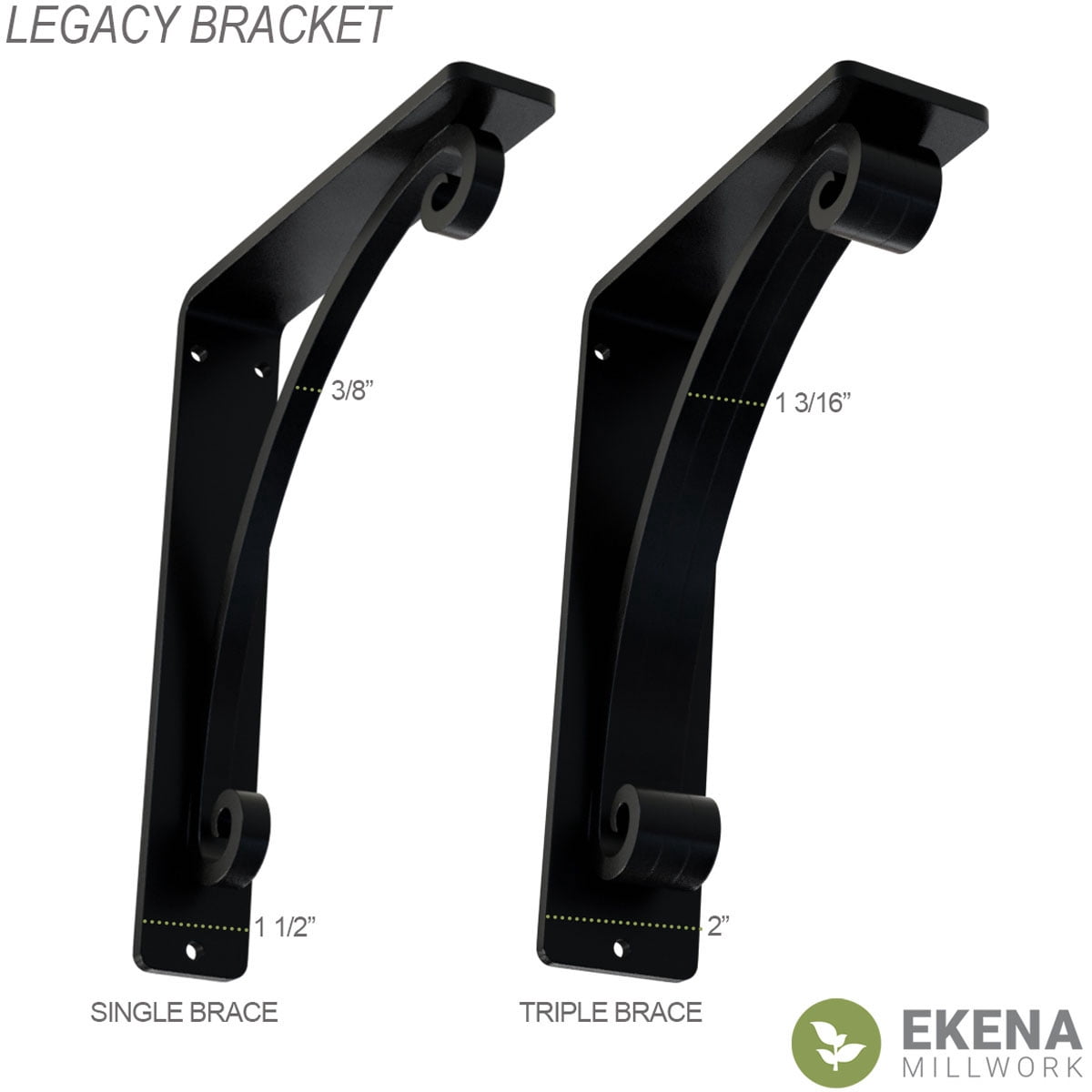 Ekena Millwork 2"W x 7 1/2"D x 10"H Legacy Wrought Iron Bracket, (Triple center brace) (4-Pack)