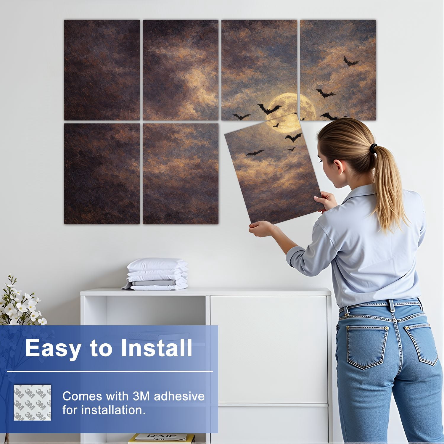 Rustic Farmhouse 8 Pack Art Acoustic Panels Sound Absorbing Spooky Halloween Sky Urban Night Moon Decorative Soundproof Wall Panels Self Adhesive for Nursery Game Room Bedroom 48"x32"