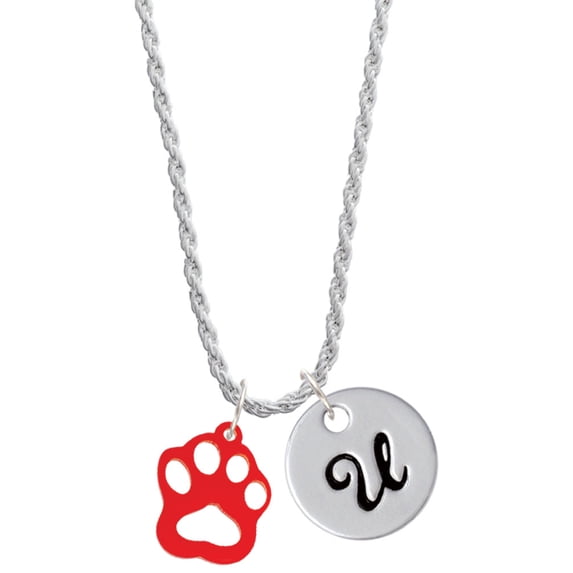 Delight Jewelry Acrylic Small Paw Red Silvertone Script Initial Disc - U - Charm Necklace, 20"+3"