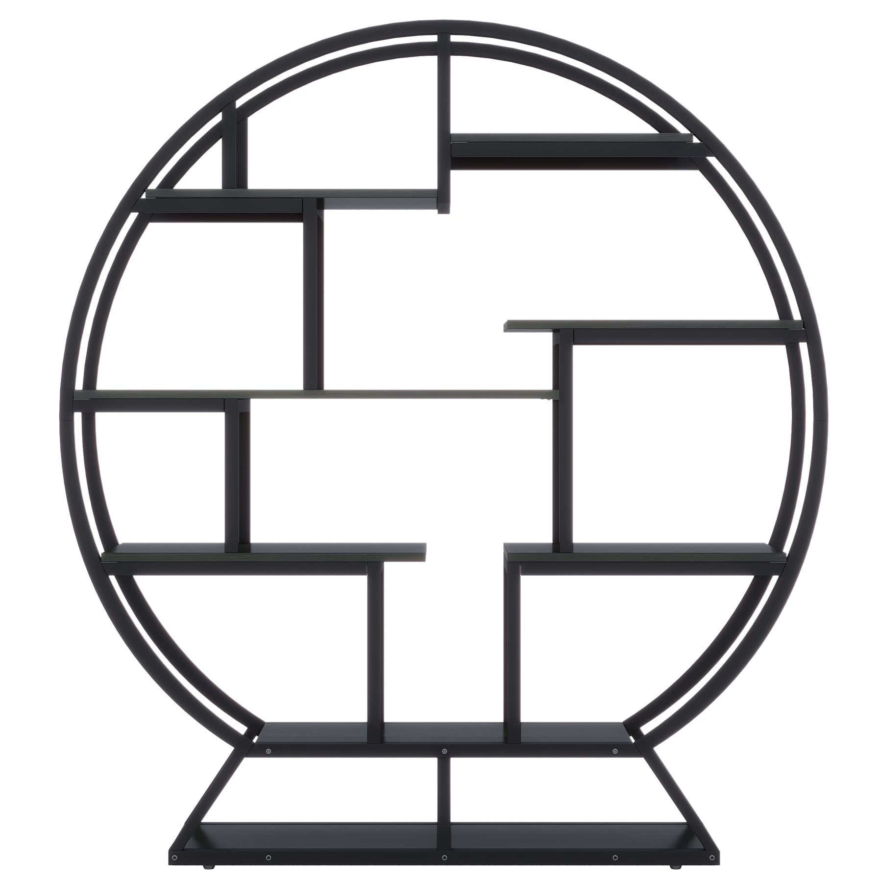 Demi Bonn 5 Tier Bookshelf with Staggered Shelves, Wood and Metal Bookcase Storage Organizer, Round Display Standing Shelf Unit for Bedroom, Living Room, Black