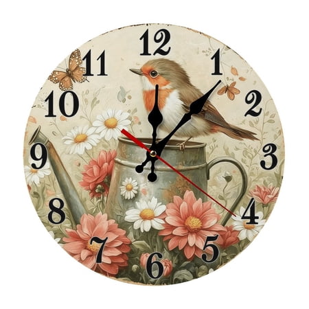 12in Robin Bird Floral Watering Can Wooden Wall Clock, Silent Non-Ticking, Battery Not Included, Farmhouse Decor for Bird Lovers, Farmhouse Kitchen, Garden Room