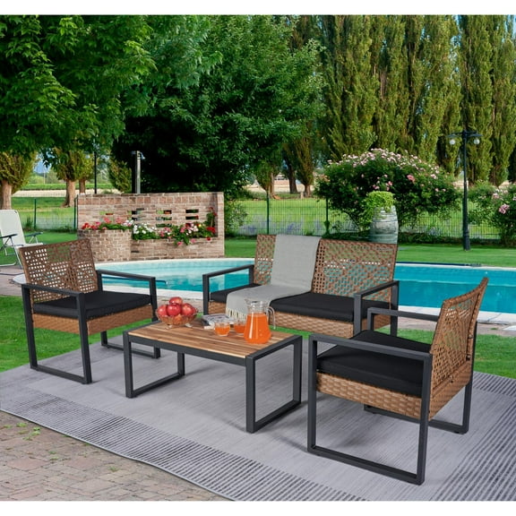 4 Piece Patio Furniture Set, All Weather PE Wicker Sofa Set, Outdoor Sectional Conversation Chairs Set with Black Cushions and Acacia Wood Coffee Table Top, for Garden Poolside Deck Backyard
