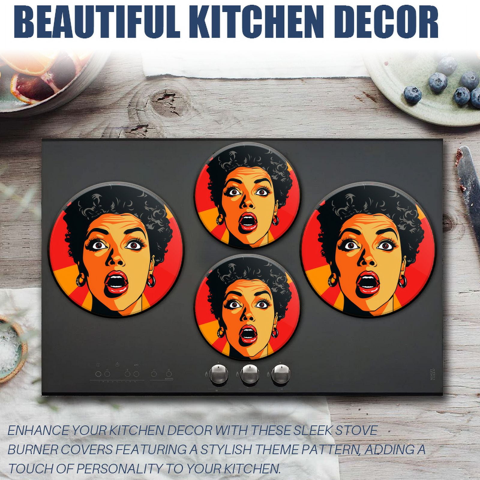 BaHomeck Electric Stove Burner Covers Set of 4,Round Metal Gas Stove Burner Covers 8 Inch and 10 Inch,Kitchen Decor,Black Woman With Short Hair And Surprised Facial Expression