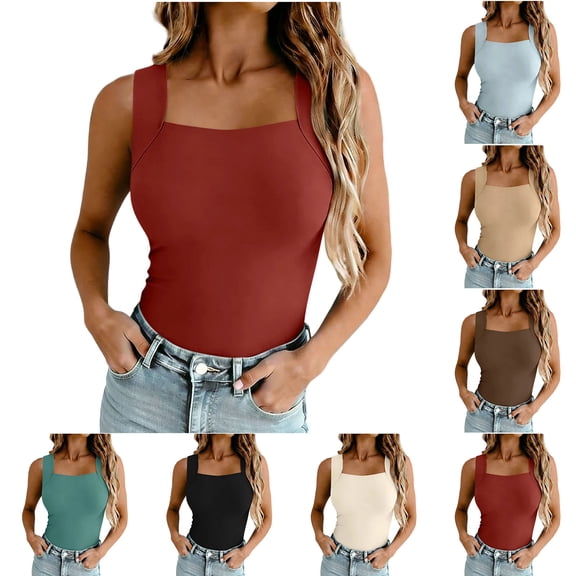 YUANxueke Plus Size Tank Tops with Built in Bra for Women Seamless Sleeveless Square Neck Camisole Casual Slim Fit Tops