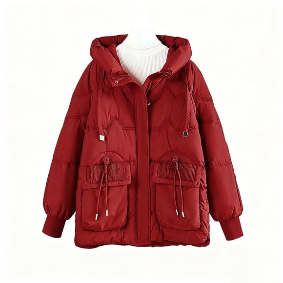 Fall/Winter Saving! srobpty Women's Long Sleeve Puffer Jacket, Ladies' Casual Colored Long-sleeved Hooded Jacket Red, XL