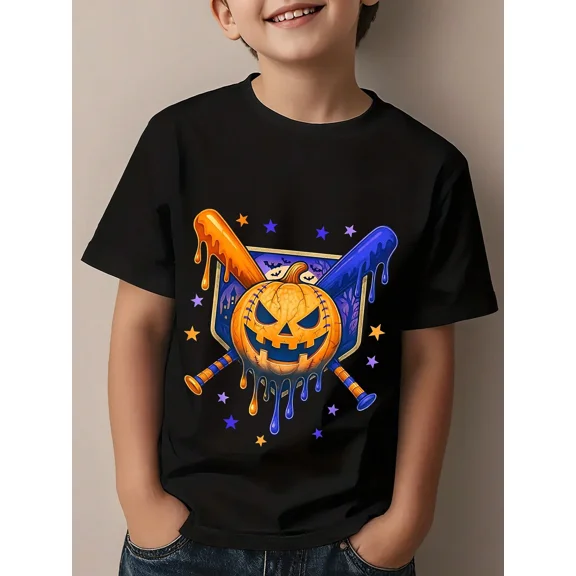 Boys Halloween Baseball Drip Graphic T-Shirt - Spooky Jack O Lantern & Crossed Bats Design, Crew Neck Short Sleeve Tee For Kids,Fall Festivities