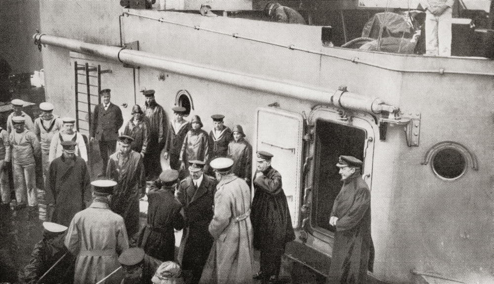 Lord Kitchener boarding HMS Hampshire June 5 1916 Kitchener his staff and 643 of the crew died when the ship struck a mine and sank Here Admiral Jellicoe the Commander-in-Chief of the Grand Fleet bids