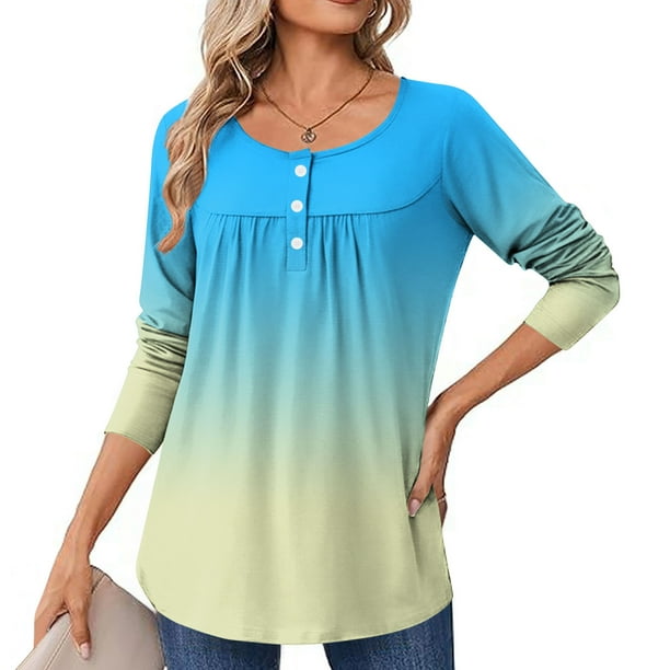 Neewe Women Tops Loose Fit Long Sleeve Round Neck Button T Shirts Business Casual Blouses Dressy Fall Fashion Work Clothes
