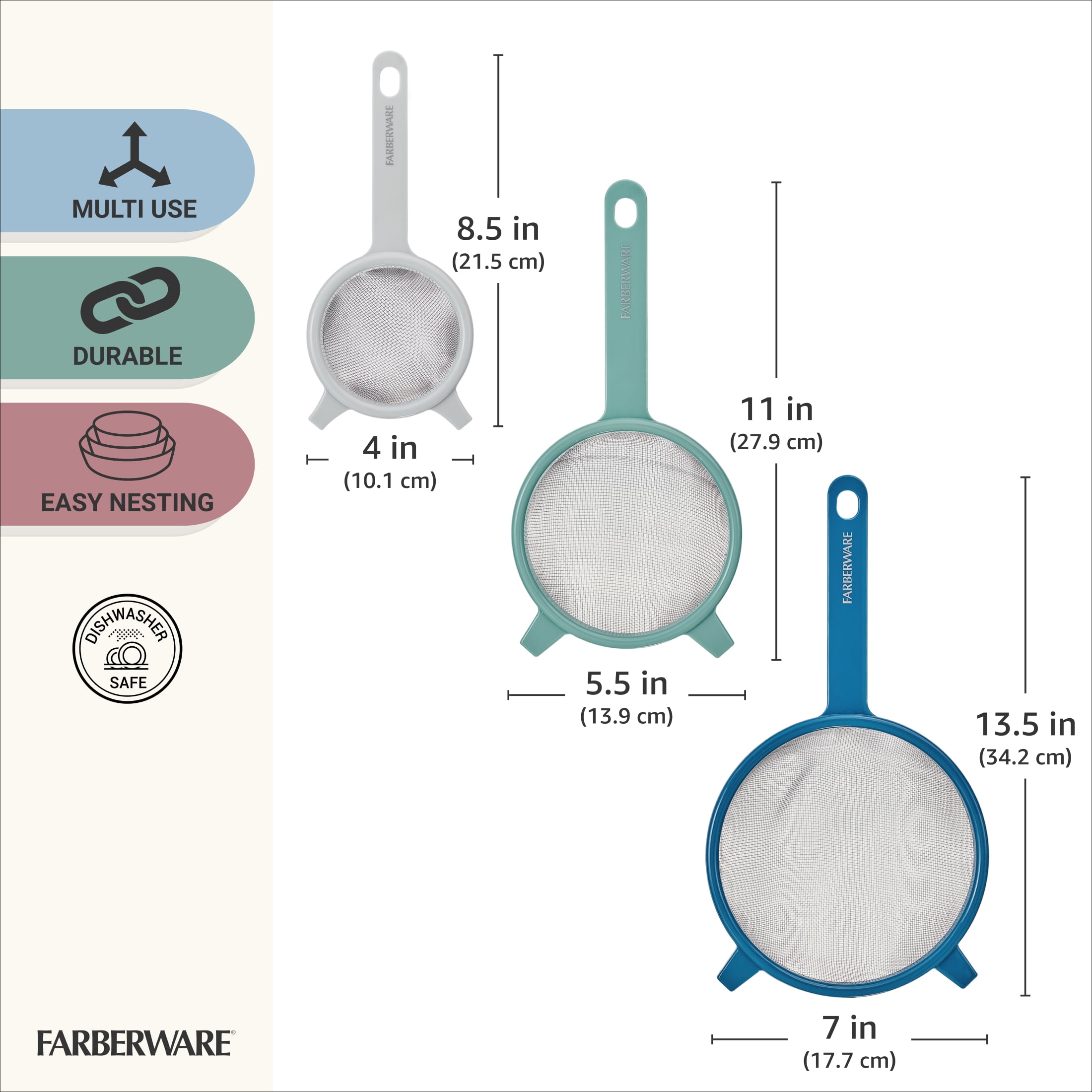 Farberware Professional Fine Mesh Strainers in Blue, Sage, & Gray, Set of 3