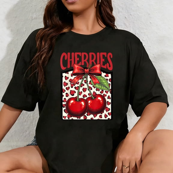 100% Cotton Leopard Cherries Coquette Bow Summer Fruit Aesthetic Cherry T-Shirt