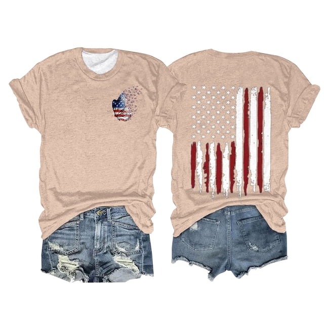 Hauts d'Été pour Femmes, Tenues de 4 Juillet 2024, Mode Féminine, Col Rond, Manches Courtes, Imprimé Drapeau Américain, Beige