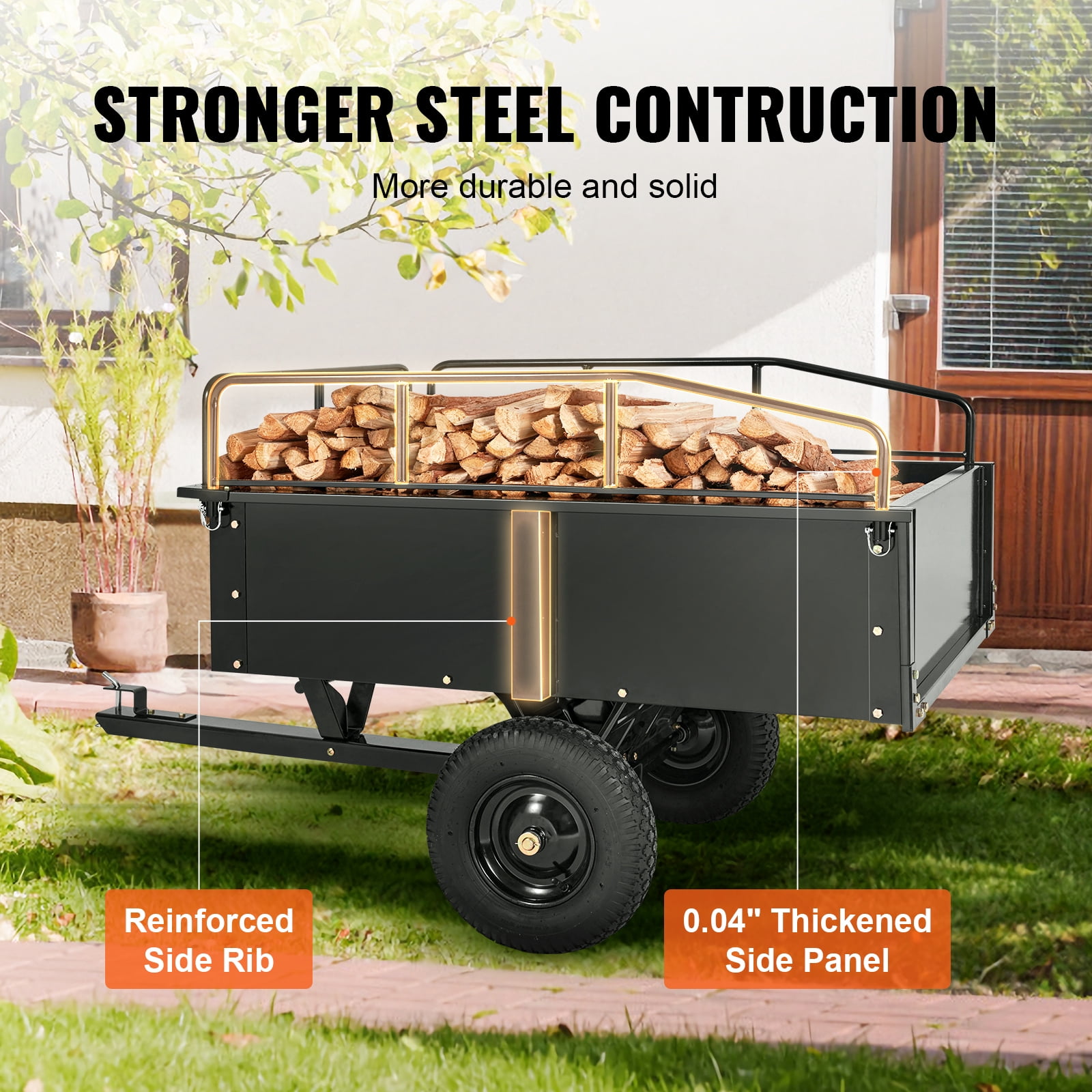 KFFKFF Garden Utility Trailer, 15 Cu.ft & 750 lbs Capacity, Heavy Duty Steel Dump Cart with Detachable Sides for Lawn Mower, Tractor