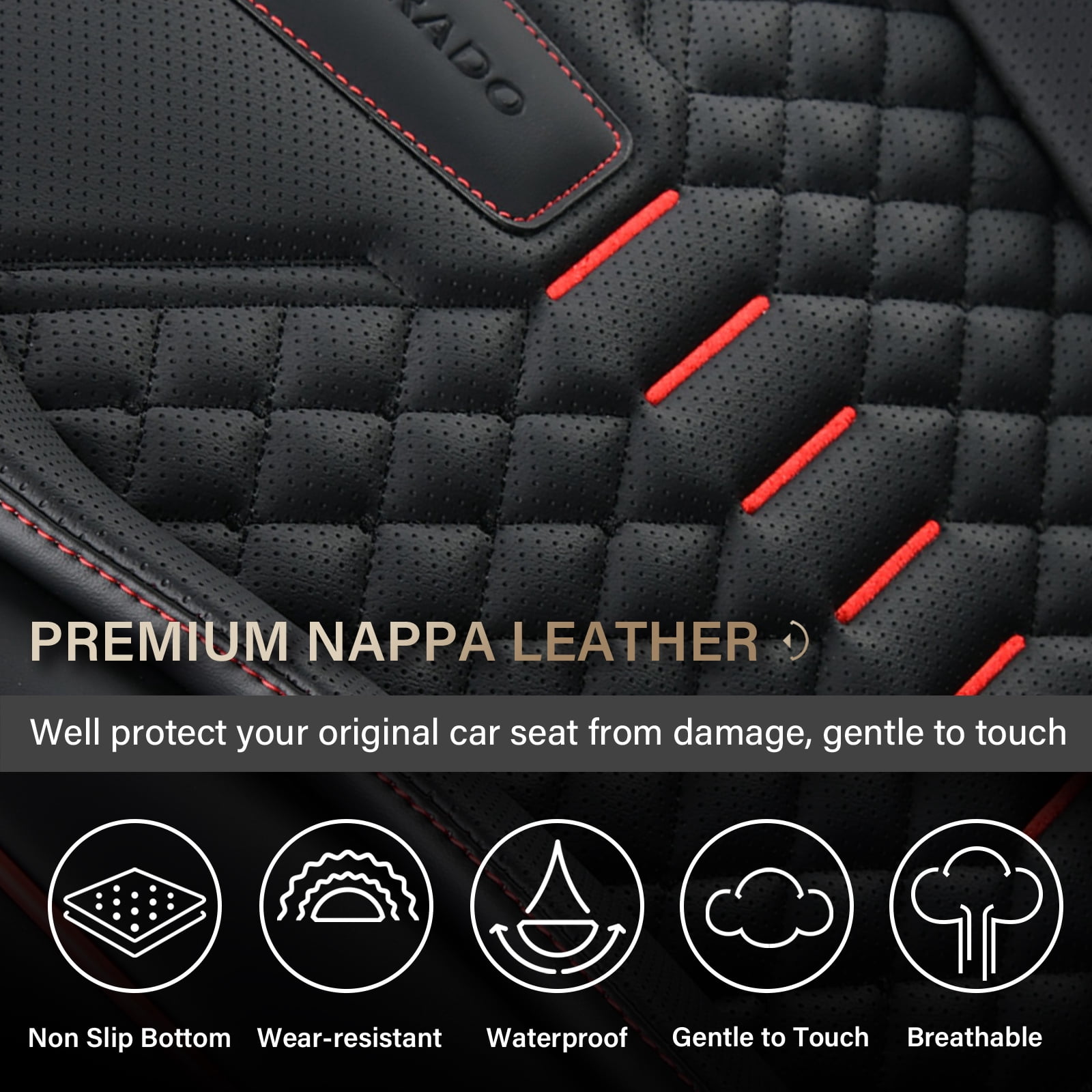 Coverado Black and Red Trim Car Seat Covers Full Set, Premium Leather Front and Rear Split Bench Cover, Automotive Seat Protectors Universal Fit for Most Cars, SUVs and Trucks