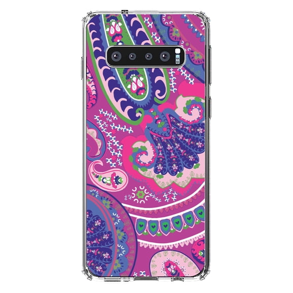 DistinctInk Clear Shockproof Hybrid Case for Samsung Galaxy S10  PLUS(6.4" Screen) - TPU Bumper, Acrylic Back, Tempered Glass Screen Protector - Pink Purple Green Paisley