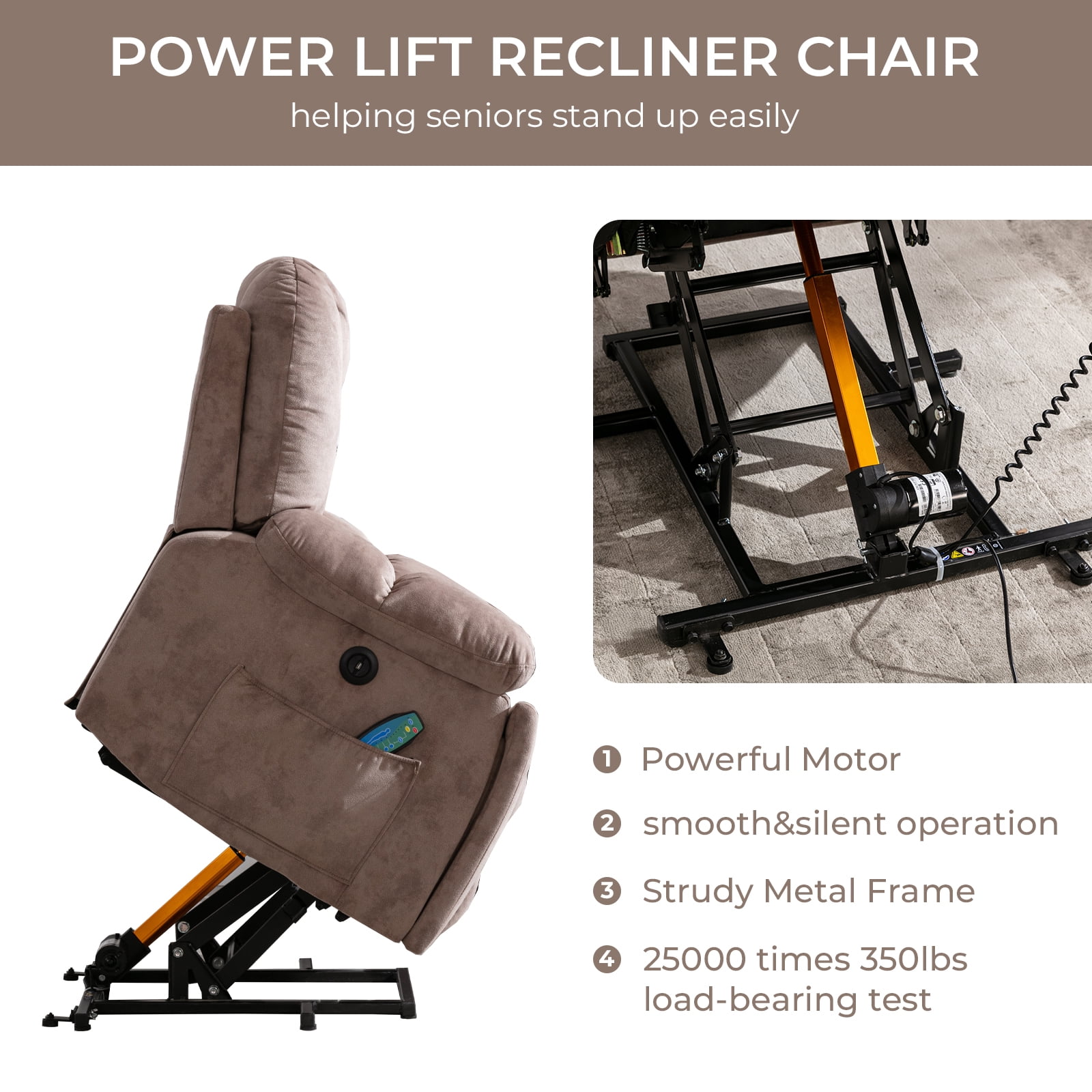 Ebello Large Power Lift Recliner Chair with Heat Massage, USB Ports - Ergonomic Recliner Chair for Elderly, Light Brown