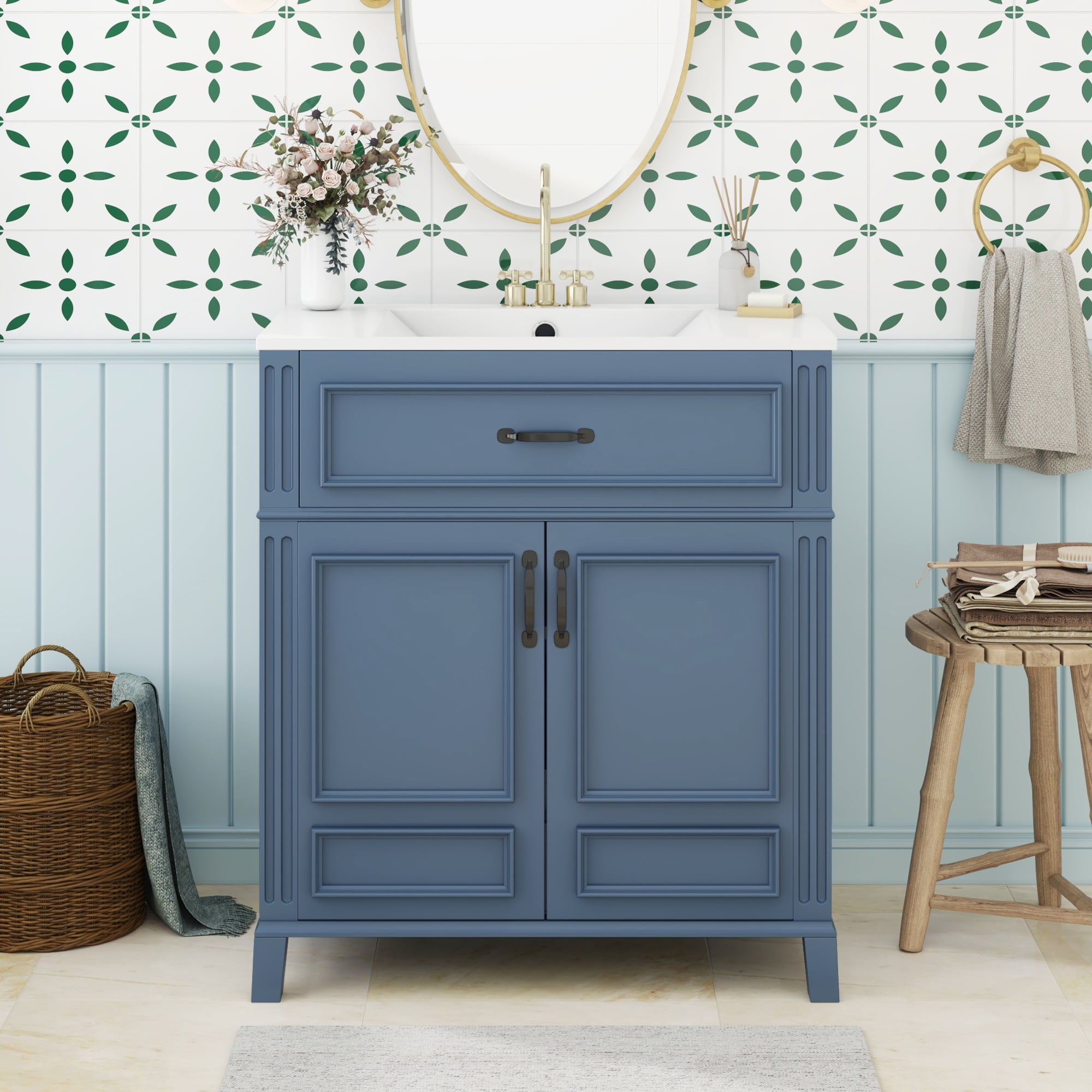 Harper & Bright Designs 30" Bathroom Vanity Sink Combo, Bathroom Storage Cabinet with Drawers, Single Sink Bathroom Vanity with Soft Closing Doors, Blue