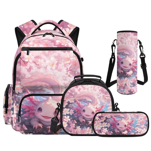 Aplkyhs 4Pcs Girls Backpack for School Axolotl Cherry Blossom with Lunch Box Pencil Case Bottle Sleeve for Girls Boys Large Capacity Lunch Bag Multifunctional Pencil Case