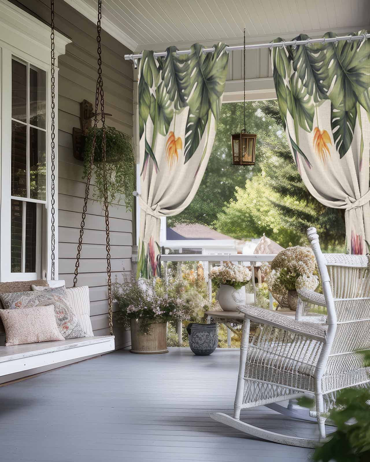 Outdoor Curtains for Patio, Palm Leaves Waterproof Blackout Outside Curtain for Porch/Pergola/Gazebo, Summer Botanical Tropical Plants Rustic Thermal Insulated Drapes, 2 Panels, 54 x 84 Inch