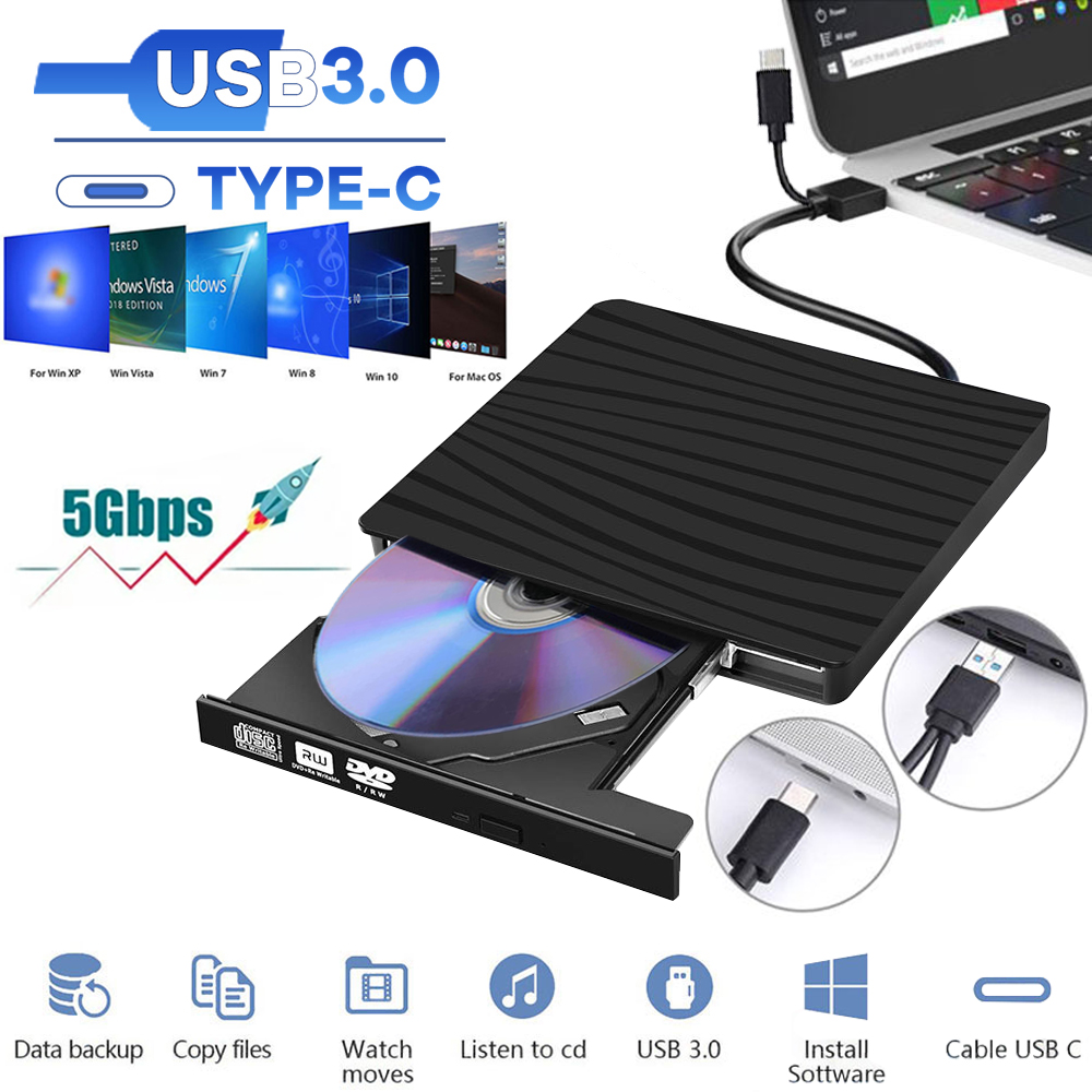 USB 3.0 & TypeC Optical Disk Drive for Laptop, External CD/DVD +/RW