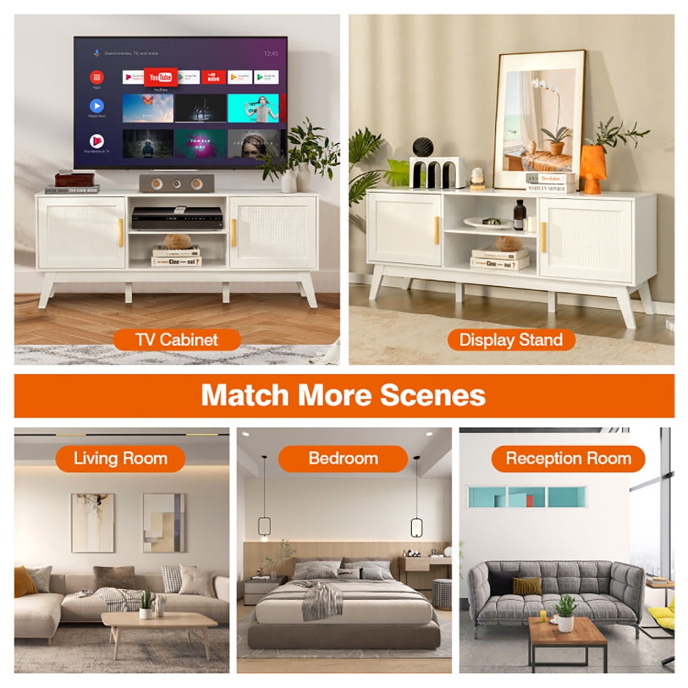 Finihen TV Stand, TV Cabinet, TV Stand Entertainment Media Console with 2 Rattan Cabinets and Open Shelves, Media Entertainment Center with Storage, for Living Room, Bedroom, White