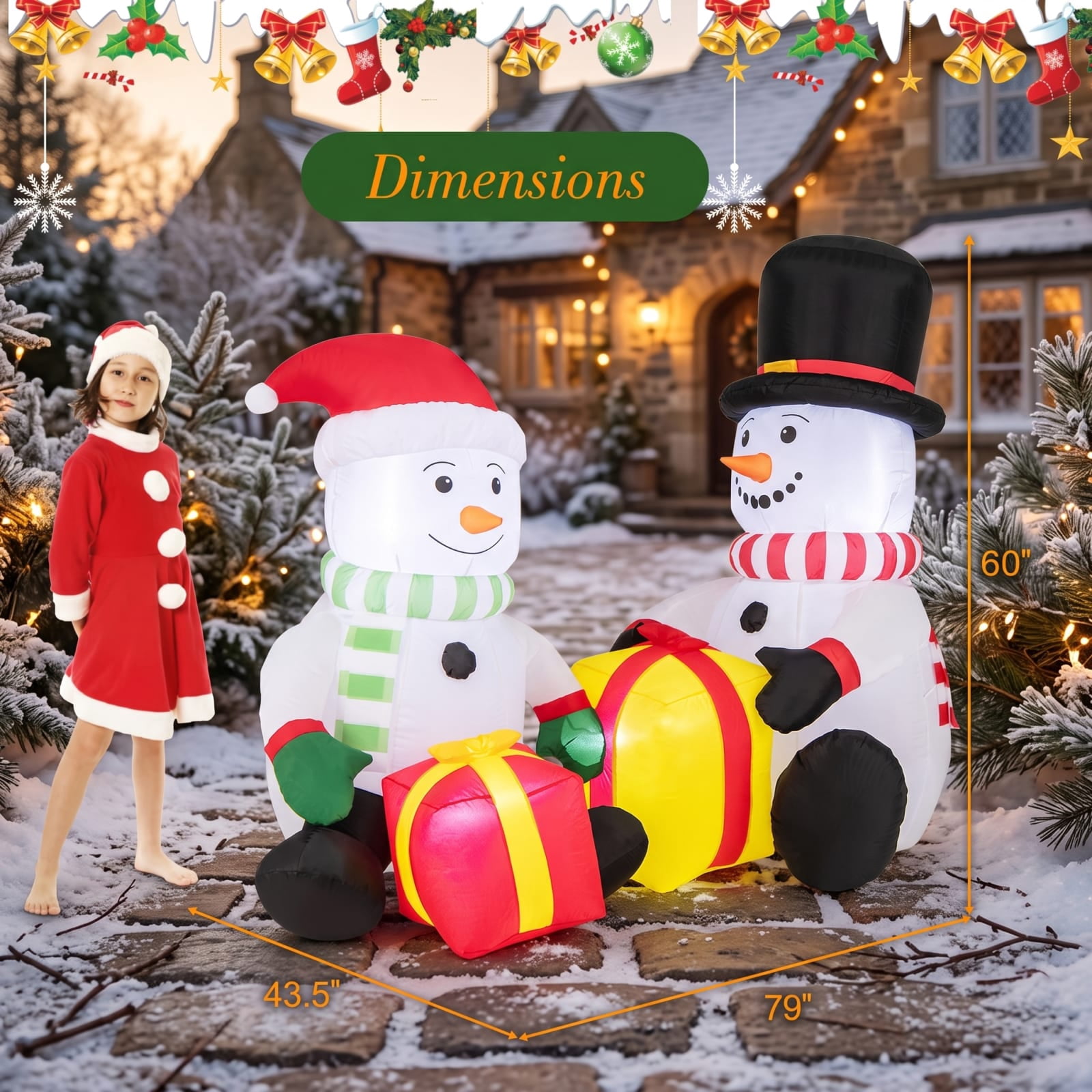 RUIE 5 FT Christmas Inflatables, 2 Blow Up Snowmen with Gift Boxes and LED Lights, Lighted Outdoor Yard Decorations for Lawn Garden - Multicolor