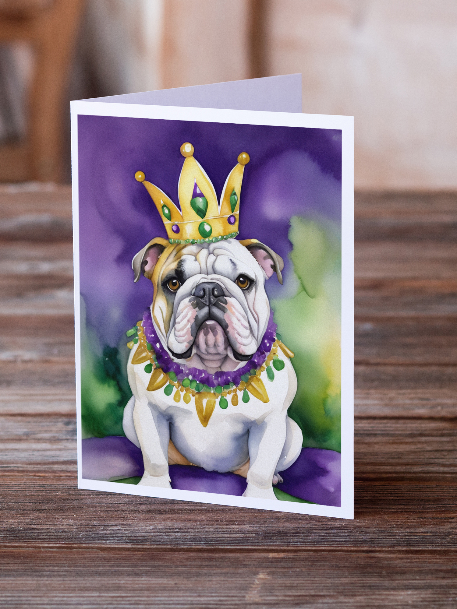 English Bulldog King of Mardi Gras Greeting Cards Pack of 8 7 in x 5 in