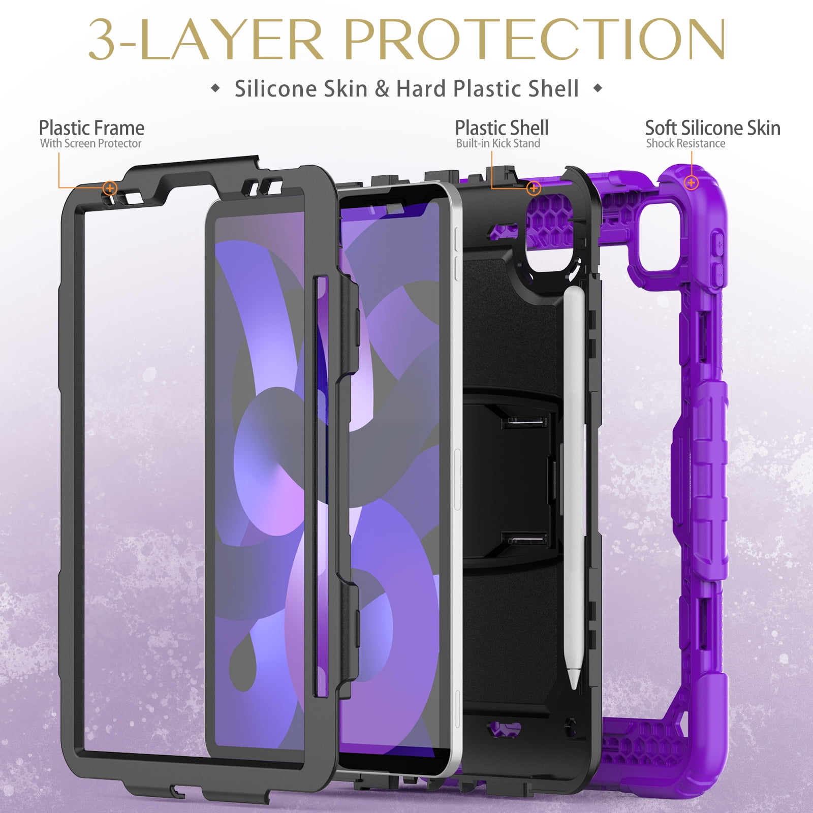 Shockproof Case for Apple iPad Air 11-inch 2024 iPad Pro 11 2022/2021/2020/2018 4th/ 3rd/ 2nd/1st/ iPad Air 4 5 10.9", Shoulder Strap Kids Case with Pencil Holder/Screen Protector,Purple