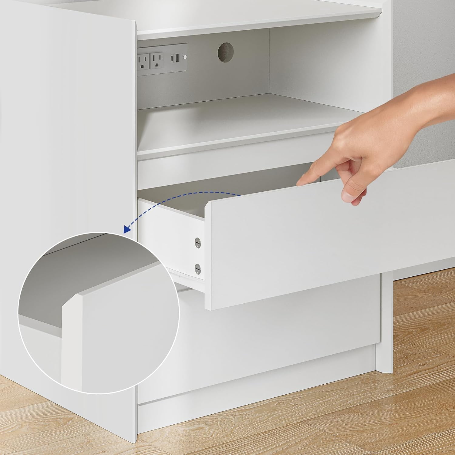 2 Drawers White Nightstand with Charging Station, 24" Tall Bedside Table End Table for Bedroom or Living Room