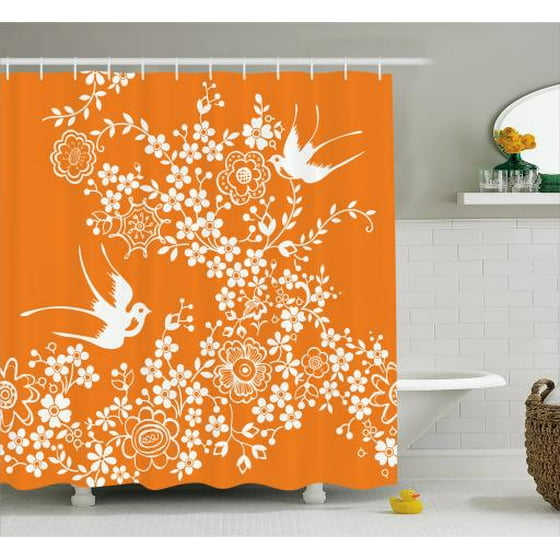 Orange And White Shower Curtain Spring Cherry Tree In Full Blossom With Flying Birds Japanese Nature Fabric Bathroom Set Hooks 69w X 70l