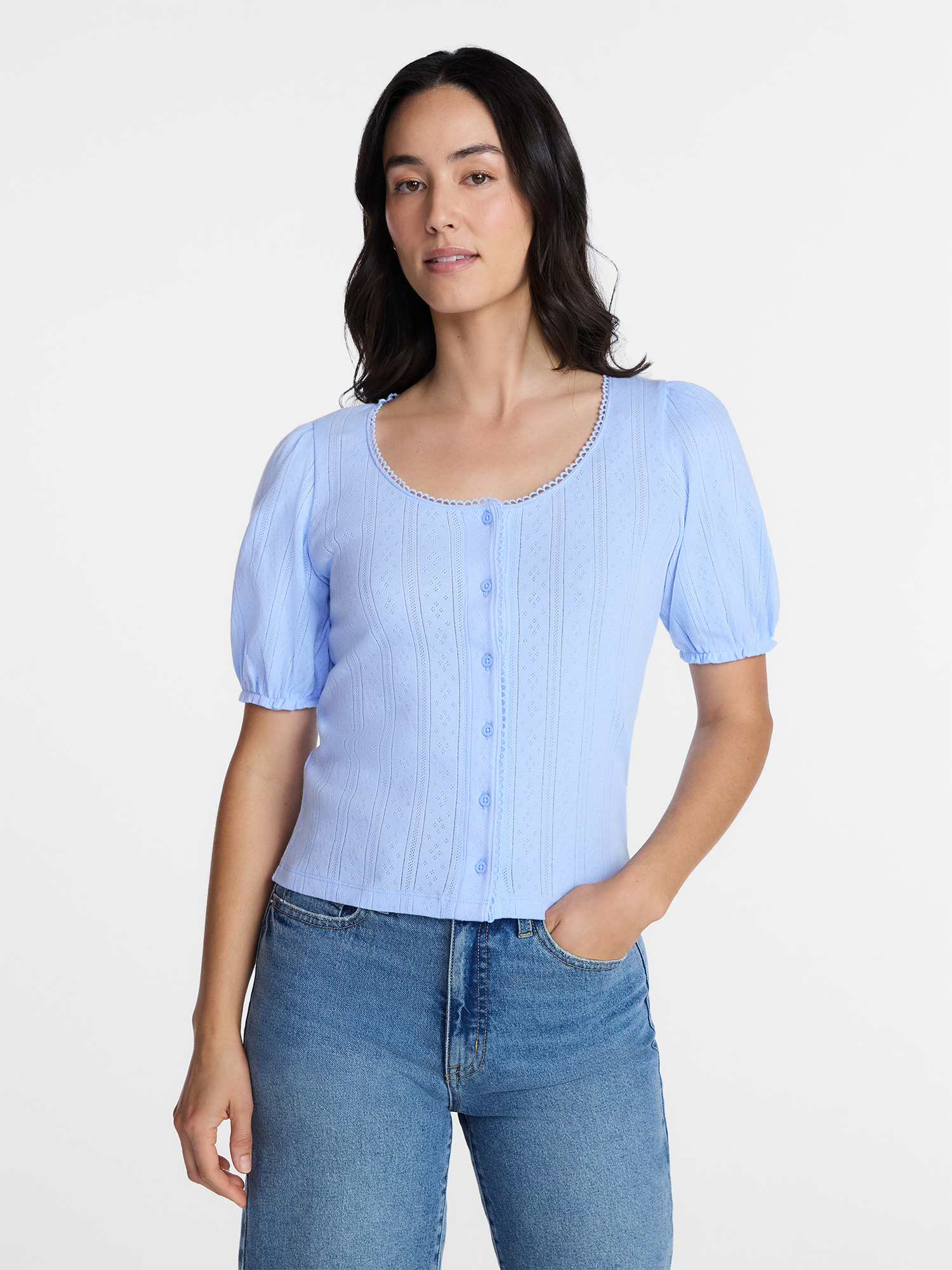 Time and Tru Women's Pointelle Top with Short Sleeves, Sizes XS-XXXL