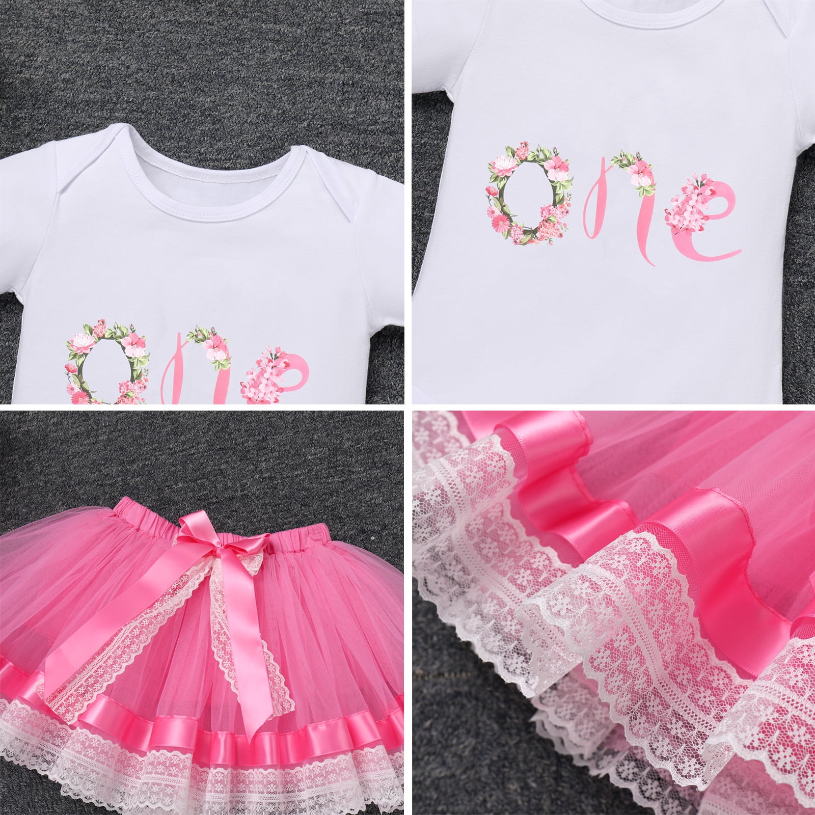 IBTOM CASTLE Infant Baby Girl One Year Old Birthday Outfit Floral Lace Party Cake Smash Romper + Tutu Skirt + Crown Clothes Set for Photo Shoot 1 Year Hot Pink - Lace