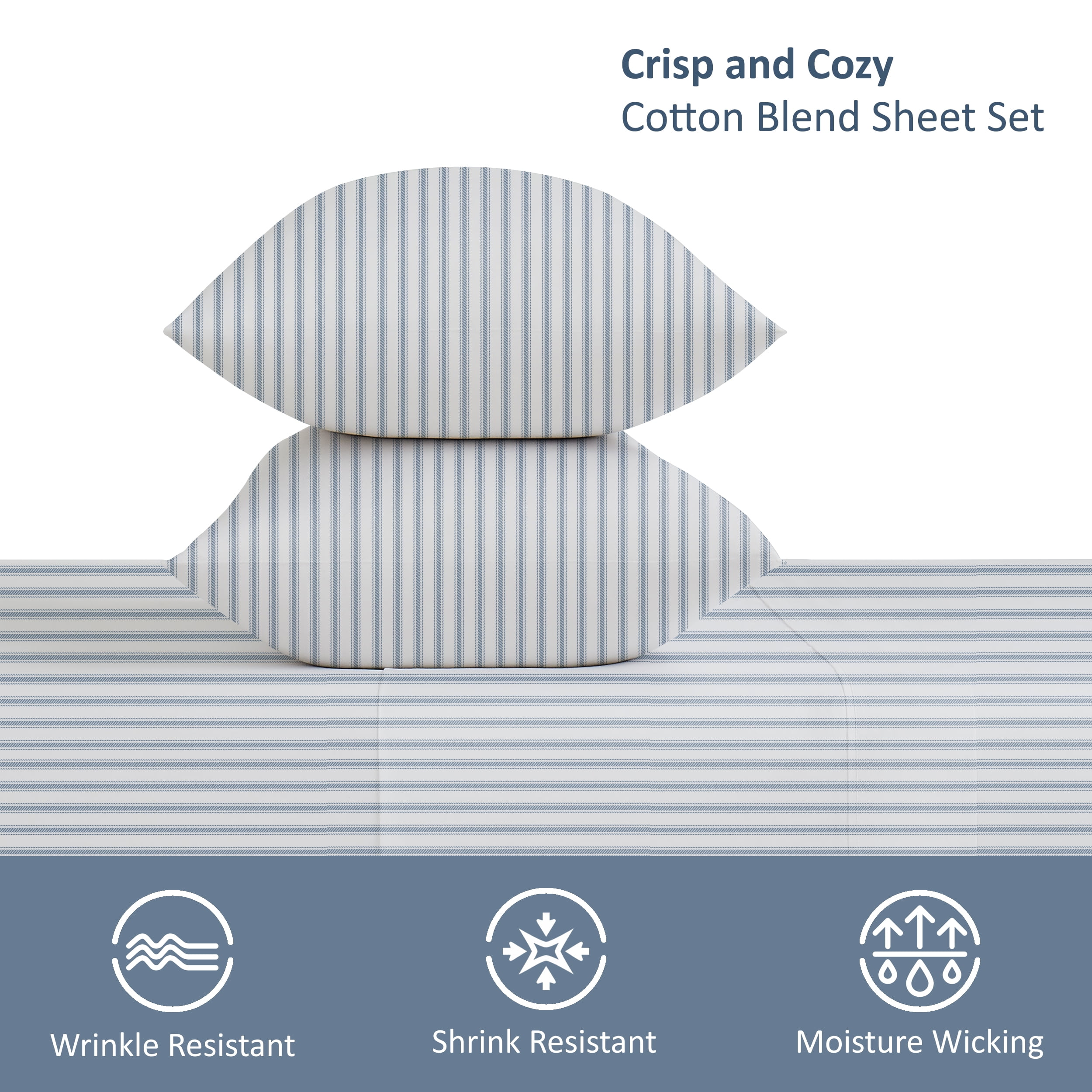 Mainstays 4-Piece 300 Thread Count Blue Stripe Cotton Blend Percale Bed Sheet Set, Full