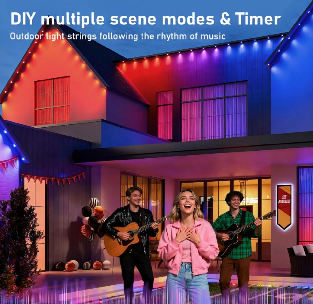 100FT Permanent Outdoor Lights,RGB+IC Eaves Lights with App & Remote Control，50 Scene Modes, IP68 Waterproof, for Christmas, Holiday, Daily & Pool Party Decor, House Roof Lighting
