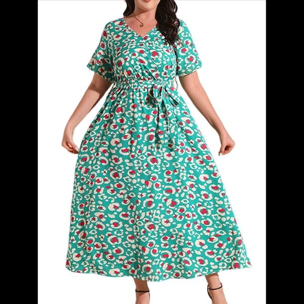 Vestido de Verano Holgado Informal de Corta con Corte A y Corte en A para Mujer, Talla Grande Círculo Verde XXXL