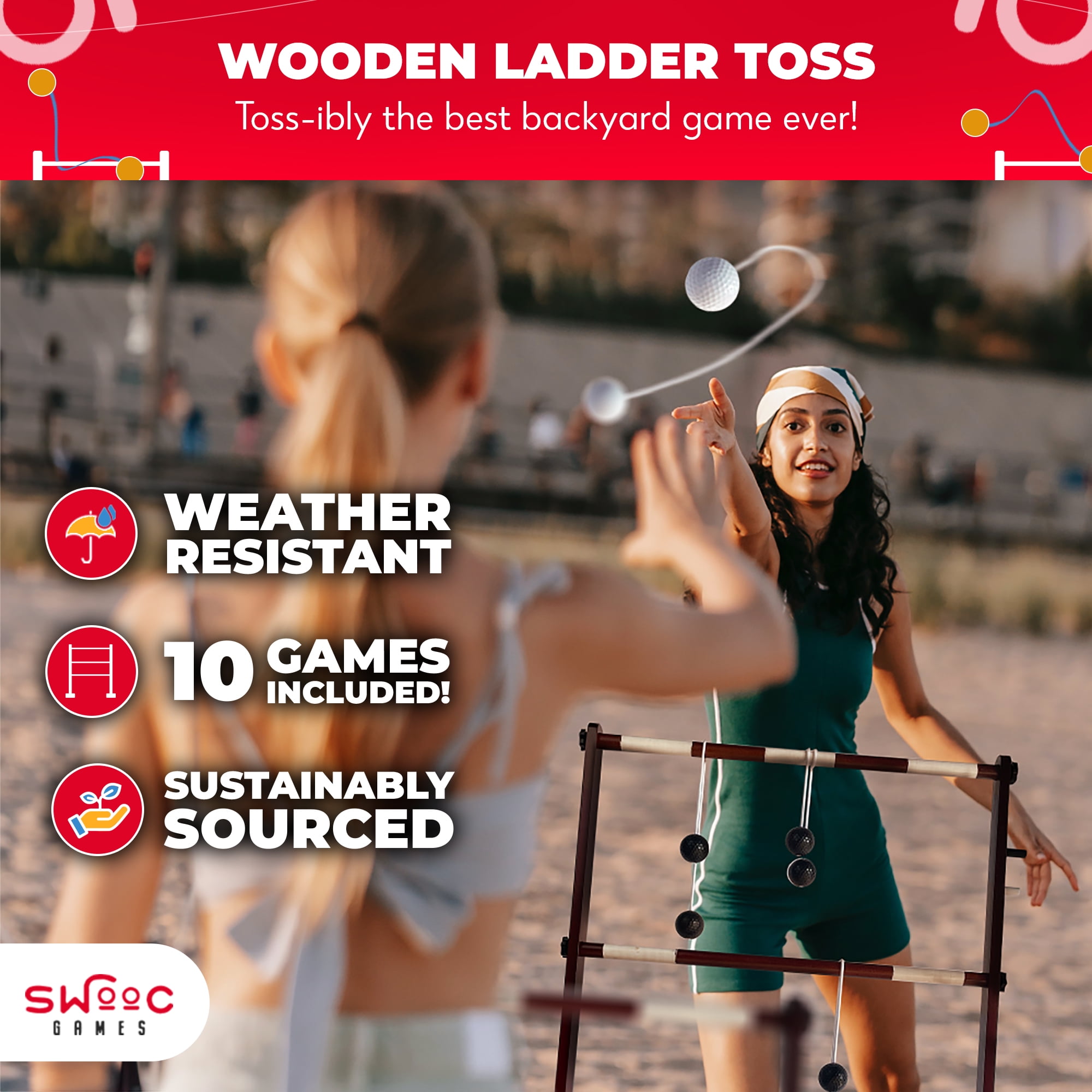 Swooc Games® - Premium Wooden Ladder Ball Game Set (Weather Resistant) - 10 Games Included & Carrying Case - Easy, No Tool Assembly - Ladder Toss Outdoor Game - Hillbilly Golf Backyard Fun