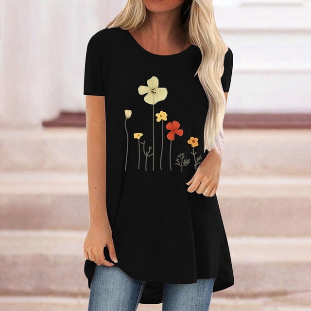 EGNMCR T-Shirts pour Femmes Femmes Mode Décontractée Imprimé Manches Courtes T-Shirt Ample Hauts Tunique Blouse