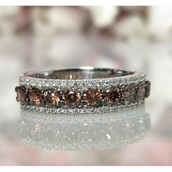 Silver & Stone Jewels Women's Statement Brown CZ Band Ring in 14K White Gold Finish