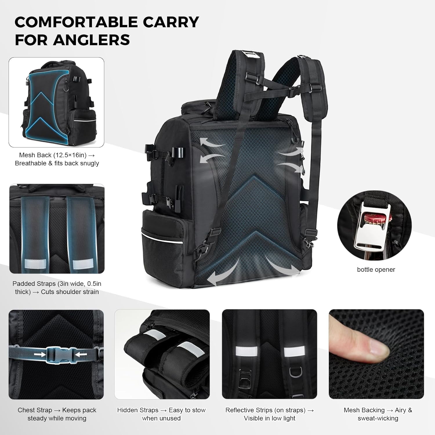WANOON Fishing Backpack 45L Waterproof with Insulated Bait Pocket & 4 Rod Holders for Outdoor Adventures