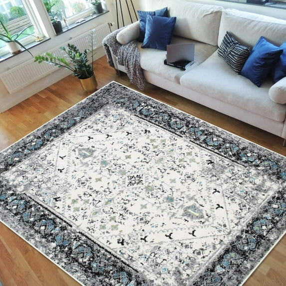 Distressed Oriental Rugs Vintage Persian Kashan Turquoise/Black/White/Charcoal