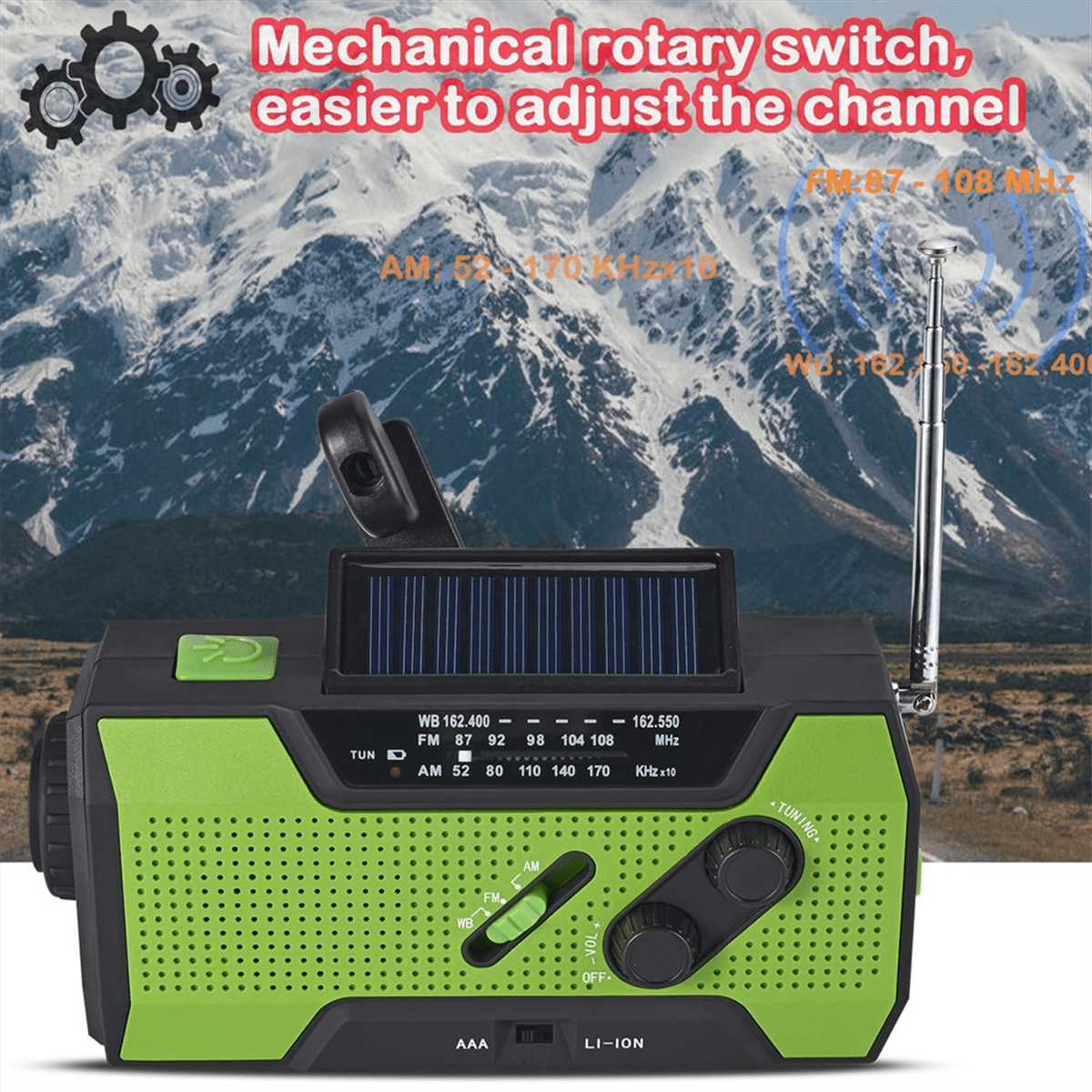 Emergency Weather Radio Hand Crank Portable Solar Charging with AM/FM/ LED Flashlight SOS Alert 2000mah