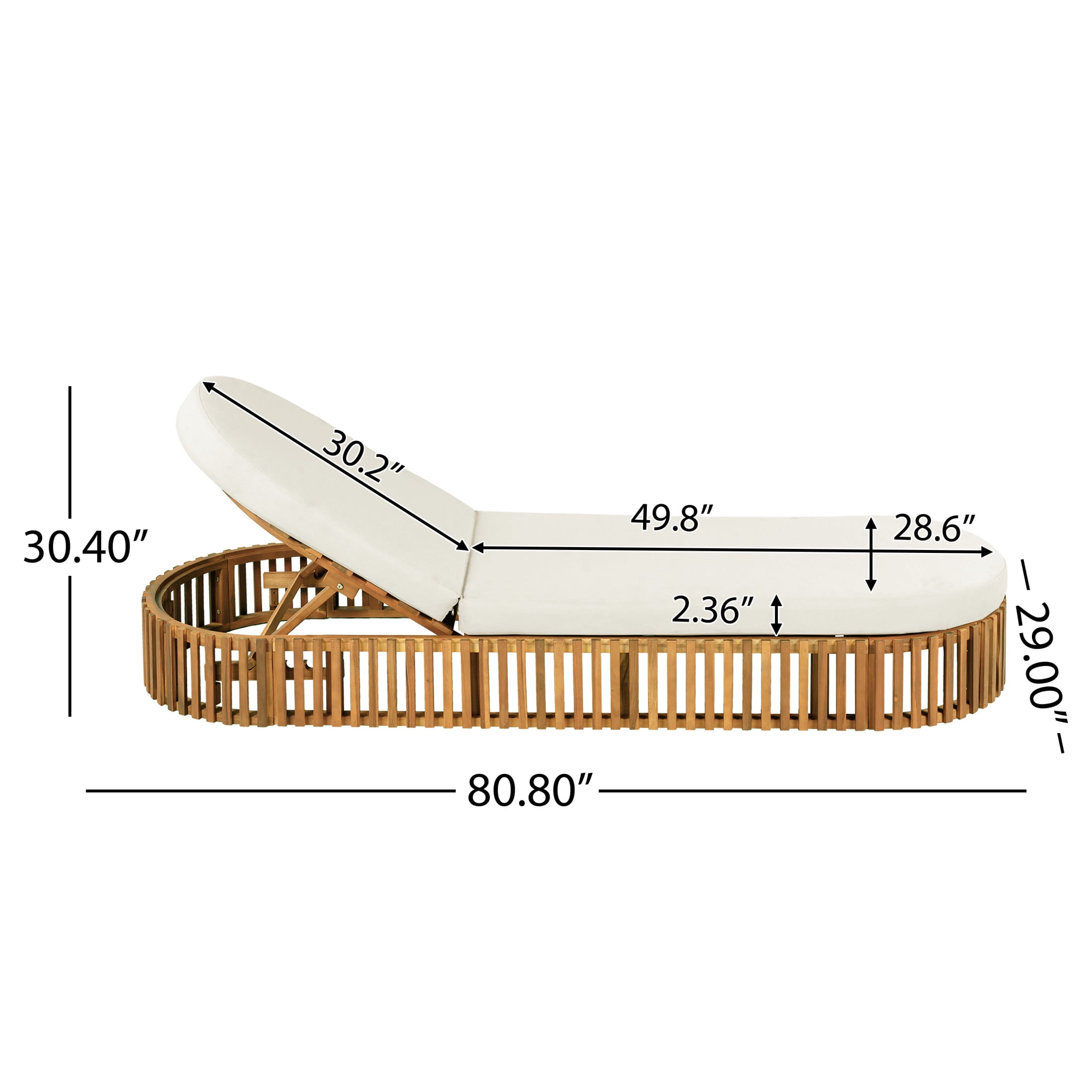 Christopher Knight Home 80.8" L Outdoor Chaise Lounge with Curved Cushion, Teak and Cream