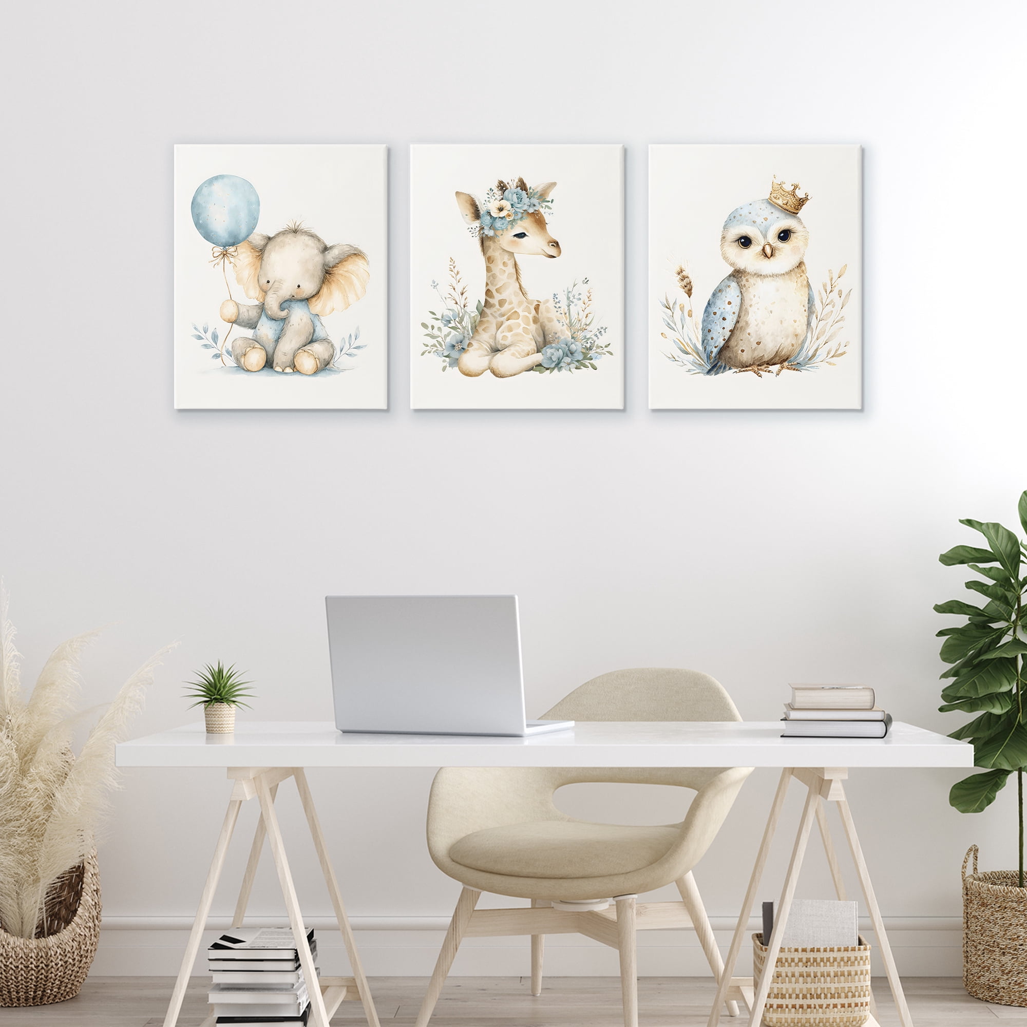 Stupell Industries Watercolor Nursery Animals 3 Piece Canvas Wall Art Set, design by LSR Design Studio
